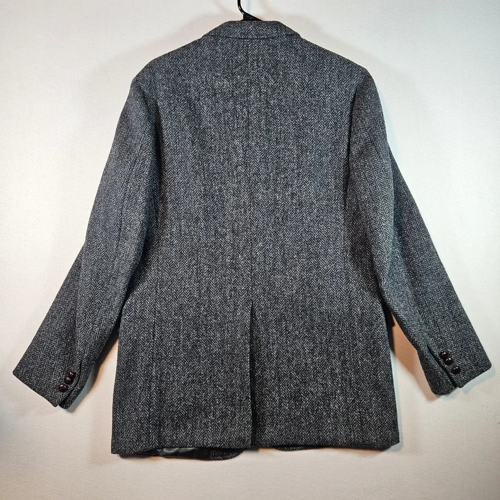 Vtg Harris Tweed Nordstrom Grey Herringbone Wool Sport Coat Blazer 42L Lthr Btn‎